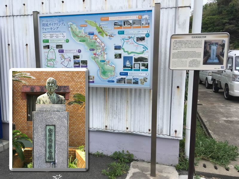 石炭発見記念碑と松村茂翁の胸像